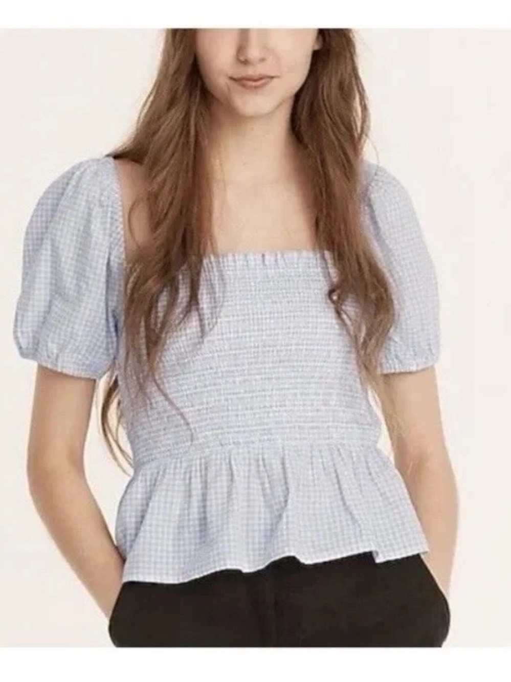 J.Crew Squareneck Smocked Purple Gingham Cotton Puff Sleeve Blouse Medium